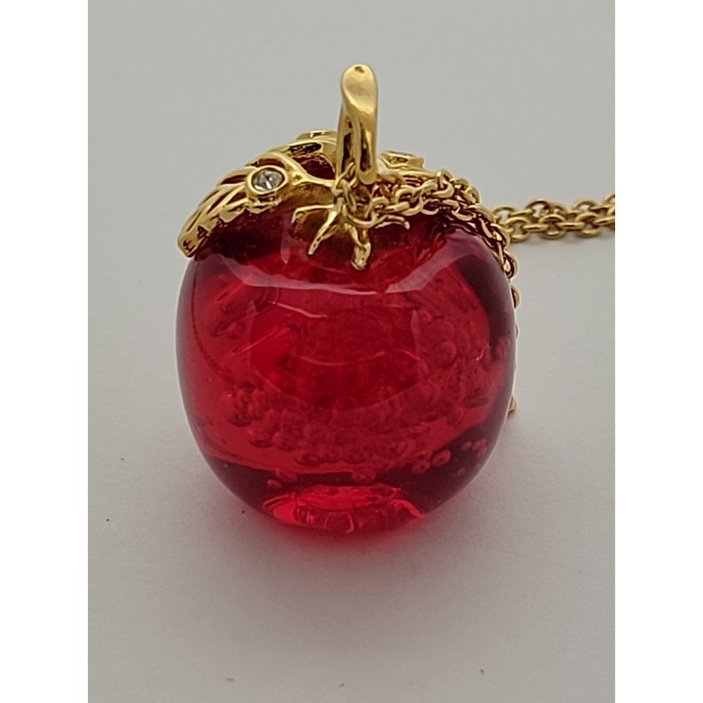 AVON Signed Lucite Candy Red Apple Necklace with Rhinestones 32" Gold Tone Chain - Picture 7 of 10